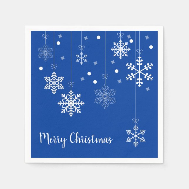 Hanging Snowflakes Merry Xmas Blue Paper Napkins (Front)