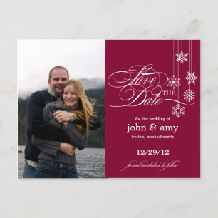 Hanging Snowflakes Photo Save The Date (Red) Announcement Postcard