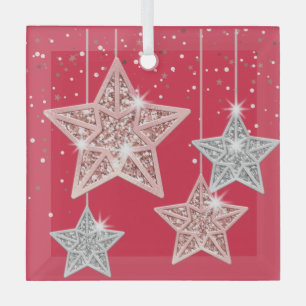Hanging Stars Confetti Pink Background Christmas  Glass Tree Decoration
