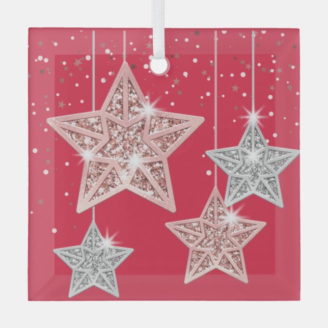 Hanging Stars Confetti Pink Background Christmas  Glass Tree Decoration (Front)
