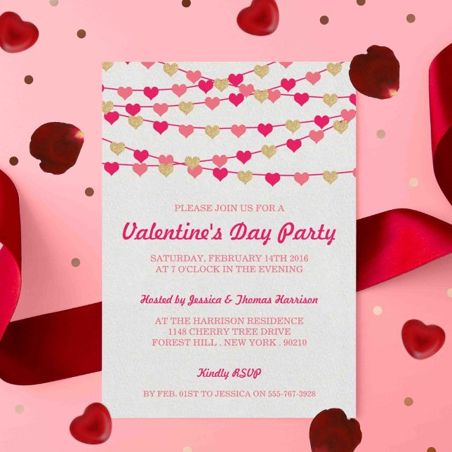 Hanging String Love Hearts Valentine's Day Party Invitation (Creator Uploaded)