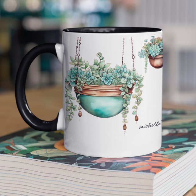 Hanging Succulents in Turquoise and Copper Pots  Two-Tone Coffee Mug (Cute succulents in copper and turquoise pots hanging from the rim of this plant lovers coffee mug)