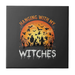 Hanging Witches Halloween Moon Bats Pumpkins_1 Ceramic Tile
