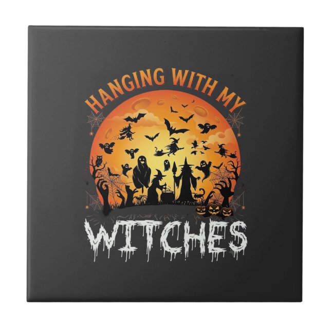 Hanging Witches Halloween Moon Bats Pumpkins_1 Ceramic Tile (Front)