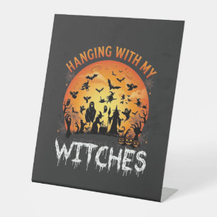 Hanging Witches Halloween Moon Bats Pumpkins_1 Pedestal Sign