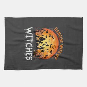 Hanging Witches Halloween Moon Bats Pumpkins_1 Tea Towel