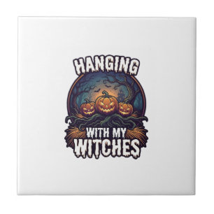 Hanging Witches Halloween Pumpkins Haunted Forest Ceramic Tile