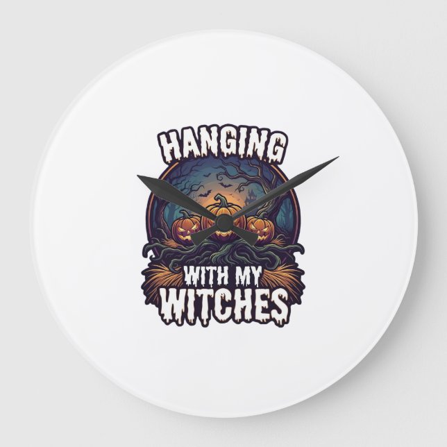 Hanging Witches Halloween Pumpkins Haunted Forest  Large Clock (Front)