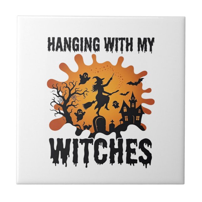 Hanging Witches Halloween Witch Broom Haunted Hous Ceramic Tile (Front)