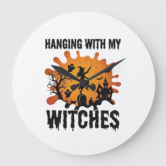 Hanging Witches Halloween Witch Broom Haunted Hous Large Clock (Front)