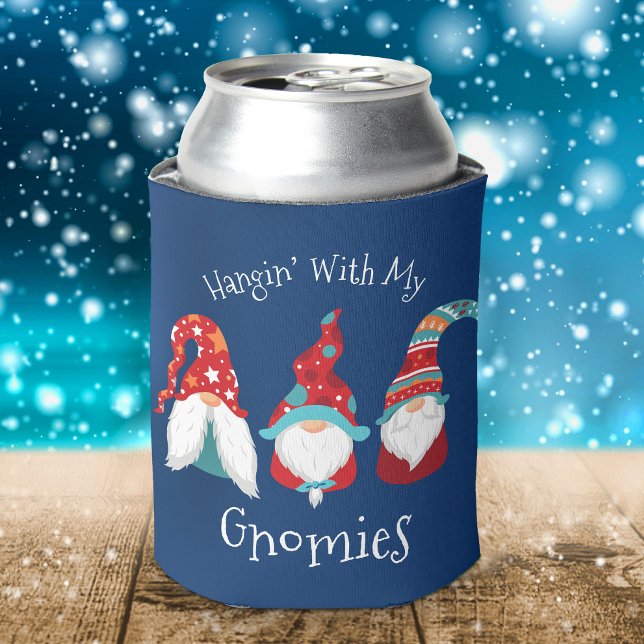 Hanging with my Gnomies Blue Funny Modern Holiday Can Cooler (Creator Uploaded)