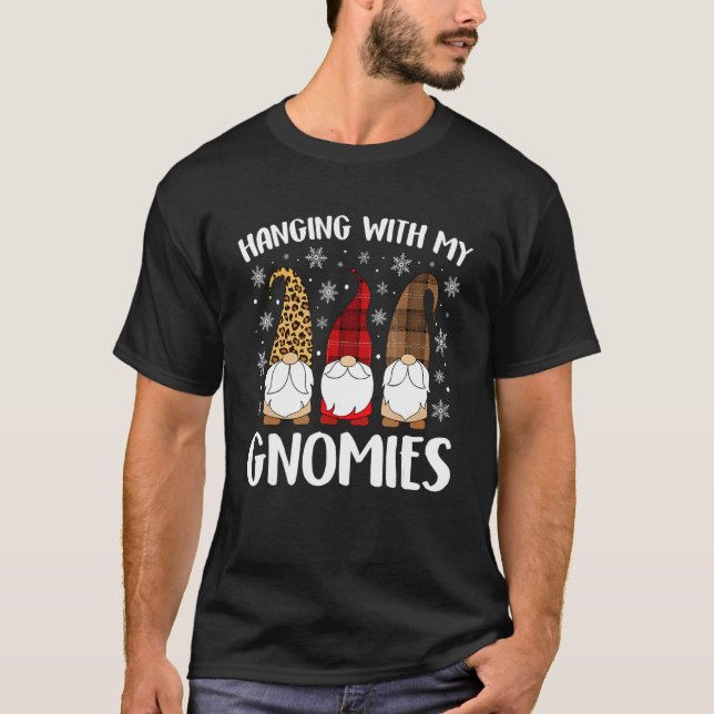 Hanging With My Gnomies Leopard Plaid Christmas Th T-Shirt (Front)