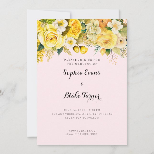 Hanging Yellow Flowers Pink Garden Wedding Invitation (Front)