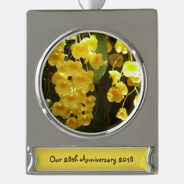 Hanging Yellow Orchids Tropical Flowers Silver Plated Banner Ornament (Front)