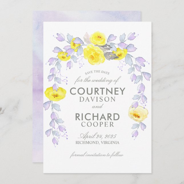Hanging yellow roses bridal shower save the date (Front/Back)