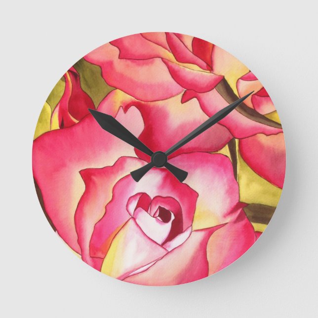 Hannah Gordon pink Rose watercolor art Round Clock (Front)