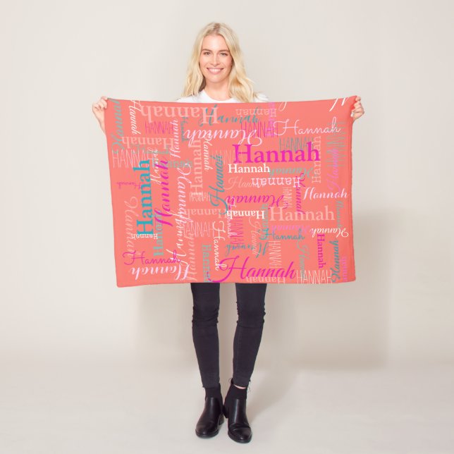 Hannah personalised short name coral pink teal fleece blanket (In Situ)