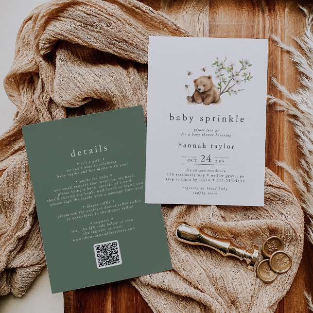 HANNAH QR Bear Bubble Bee Woodland Baby Sprinkle Invitation (HANNAH QR Bear Bubble Bee Woodland Baby Sprinkle Invitation)