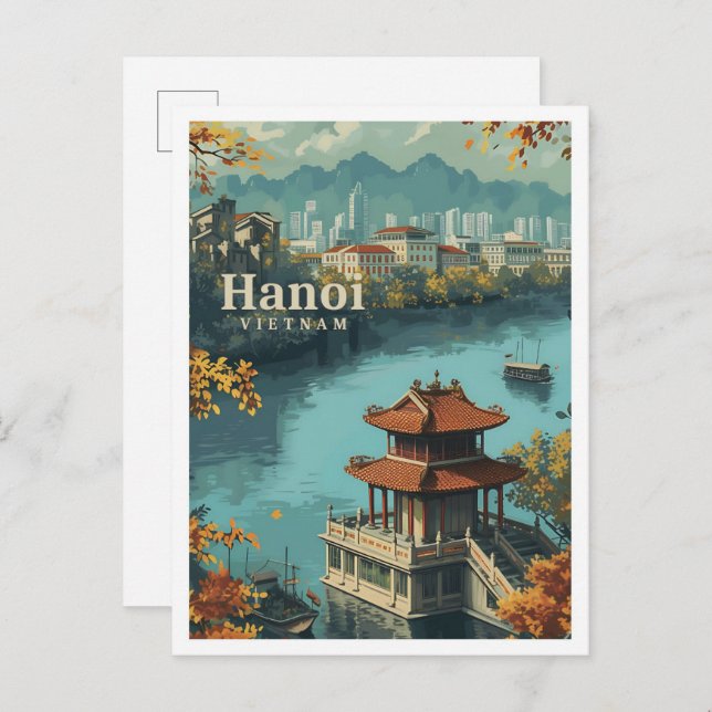 Hanoi Vietnam Vintage Art Travel Illustration Postcard (Front/Back)