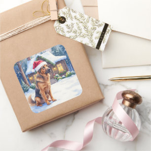 Hanoverian Scenthound Snowy Forest Cabin Santa Hat Square Sticker