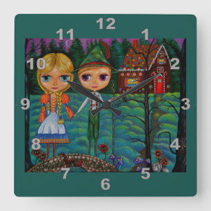 Hansel and Gretel Dolls Cute Gingerbread House Square Wall Clock