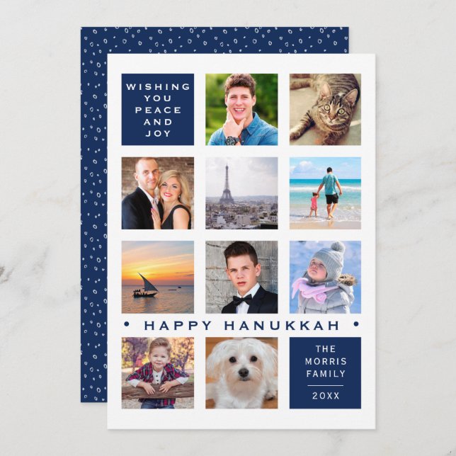 Hanukkah 12 Photo Modern Custom Collage Holiday Card (Front/Back)