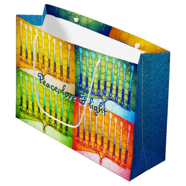 Hanukkah 4 Colourful Menorahs Peace Love Light  Large Gift Bag (Front Angled)