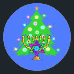 Hanukkah and Christmas Classic Round Sticker<br><div class="desc">Christmas and Hanukkah on gifts for interfaith families that celebrate the joy of Christmas and beauty of Chanukah.  Featuring Xmas tree and menorah with jewish star of david surrounded by holiday presents on greeting cards,  postage,  gift ideas and apparel for the family.</div>