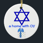 Hanukkah and Christmas Holidays Ceramic Ornament<br><div class="desc">A cute holiday decoration with a sense of humour makes a fun gift for homes combining faiths - Jewish and Christian, Hanukkah and Christmas. The Star of David side says we've got OY and the Santa Claus side says we've got JOY. Coordinating gift wrapped packages have red and blue foil...</div>