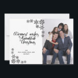 Hanukkah and Christmas Modern Photo Card<br><div class="desc">Wish family and friends a warm Christmas and Hanukkah with one interfaith card. Featuring a modern, bold black and white snowflake motif, with space for one photo and an elegant script with the words "Warmest wishes this Hanukkah and Christmas", as well as space for your message on the front and...</div>