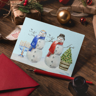 Hanukkah and Christmas Snowman Watercolor  Holiday Postcard