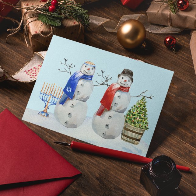 Hanukkah and Christmas Snowman Watercolor  Holiday Postcard (Creator Uploaded)