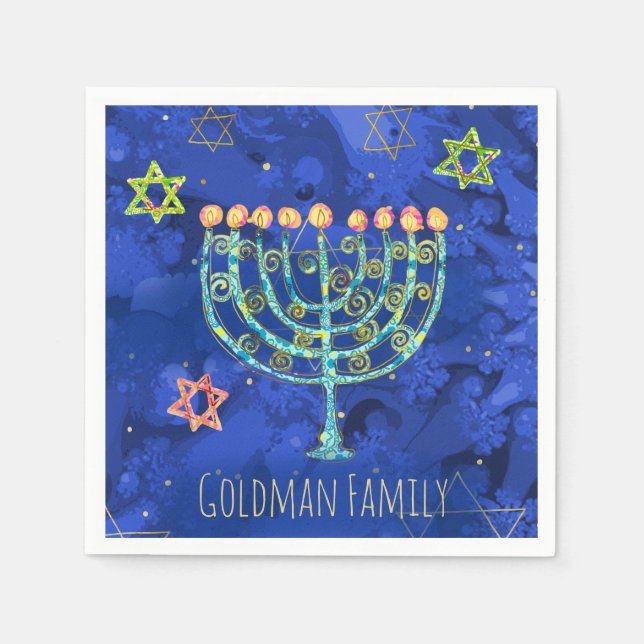 Hanukkah Aqua Menorah Star of David on Blue Napkin (Front)