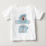 Hanukkah Baby Fine Jersey T-Shirt "Dreidel in Box"<br><div class="desc">Hanukkah Baby Fine Jersey T-Shirt, Blue/Silver "Dreidel in the Box." Personalise by deleting, "8 Crazy Nights... with Robby" and choosing your favourite font style, colour, size and wording. (This design can be printed on a variety of different clothing sizes, colours and styles. Prices may vary, according to your selection.) This...</div>