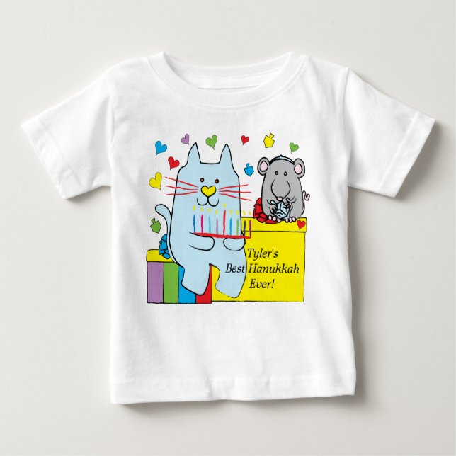 Hanukkah Baby T-Shirt Blue Cat and Mouse (Front)