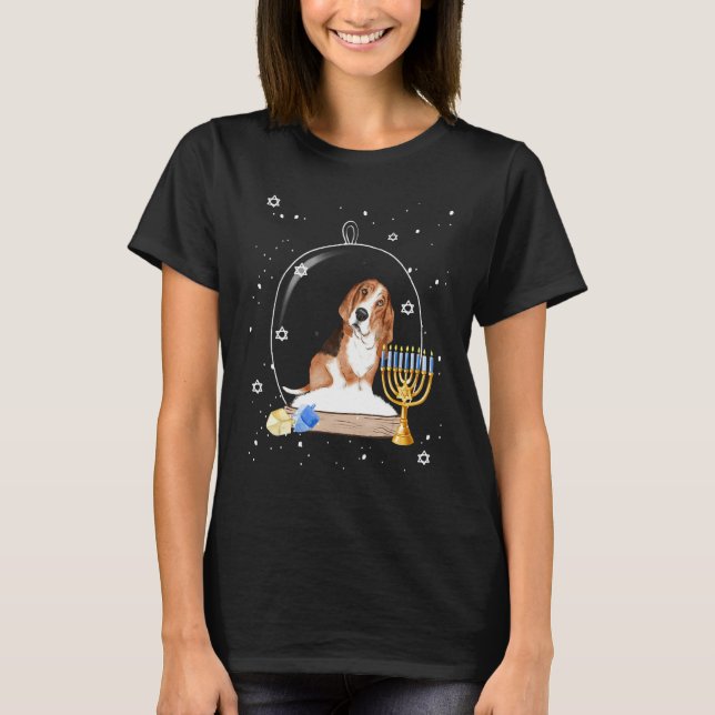 Hanukkah Basset Hound Dog Snow Globe Pajama T-Shirt (Front)