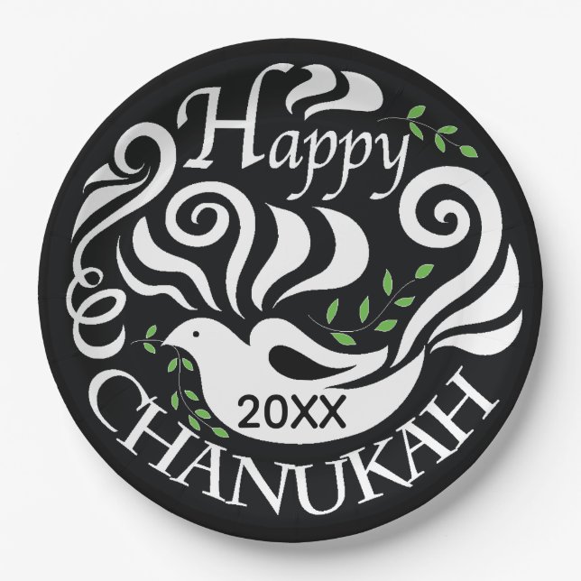 Hanukkah Blackboard Dove Paper Plate (Front)