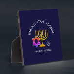 Hanukkah Blessings | BARUCH ATAH ADONAI | Chanukah Plaque<br><div class="desc">Stylish, modern HANUKKAH plaque. Design shows a gold coloured MENORAH with multicolored STAR OF DAVID and silver grey DREIDEL. At the top there is curved text which says BARUCH ATAH, ADONAI (Blessed are You, O God) and underneath the text reads HANUKKAH BLESSINGS. ALL TEXT IS CUSTOMIZABLE, so you can personalise...</div>