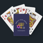 Hanukkah Blessings | BARUCH ATAH ADONAI | Chanukah Playing Cards<br><div class="desc">Stylish, modern HANUKKAH playing cards. Design shows a gold coloured MENORAH with multicolored STAR OF DAVID and silver grey DREIDEL. At the top there is curved text which says BARUCH ATAH, ADONAI (Blessed are You, O God) and underneath the text reads HANUKKAH BLESSINGS. ALL TEXT IS CUSTOMIZABLE, so you can...</div>