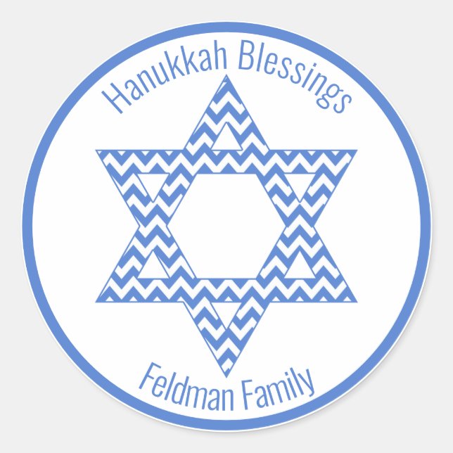 Hanukkah Blessings - Blue Chevron Star of David Classic Round Sticker (Front)