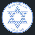 Hanukkah Blessings - Blue Chevron Star of David Classic Round Sticker<br><div class="desc">NewParkLane - Elegant wrapping paper,  with a blue chevron patterned Star of David,  and 'Hanukkah Blessings'! Add your own Family name or other personal wishes in the easy to use text template. All text styles and colours can be altered.

Check out this collection for matching items.</div>