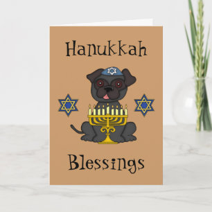 Hanukkah Blessings-Cute Pug with Menorah Holiday Card