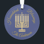 Hanukkah Blessings Gold Menorah Personalised Ornament<br><div class="desc">Add your name to this midnight blue Hanukkah Blessings ornament with a modern style gold Menorah and elegant gold tone text for a one of a kind personalised keepsake. This simple Menorah graphic is my original design with a pattern of dots on the base barely lighter candles in gold tones....</div>