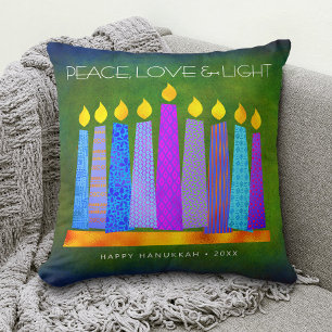Hanukkah Blue Boho Candles Green, Peace Love Light Cushion