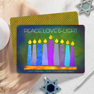 Hanukkah Blue Boho Candles Green Peace Love Light Holiday Card