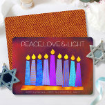 Hanukkah Blue Boho Candles on Red Peace Love Light Holiday Card<br><div class="desc">“Peace, love & light.” A playful, modern, artsy illustration of boho pattern candles in a menorah helps you usher in the holiday of Hanukkah. Assorted blue candles with colourful faux foil patterns overlay a rich, deep burnt red orange textured background. Faux copper pattern foil on a brick red background for...</div>