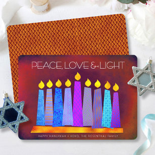 Hanukkah Blue Boho Candles on Red Peace Love Light Holiday Card
