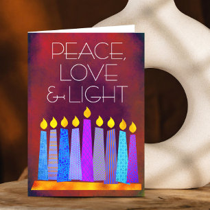 Hanukkah Blue Boho Candles on Red Peace Love Light Holiday Card