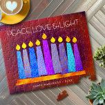Hanukkah Blue Boho Candles on Red Peace Love Light Jigsaw Puzzle<br><div class="desc">“Peace, love & light.” A playful, modern, artsy illustration of boho pattern candles in a menorah helps you usher in the holiday of Hanukkah. Assorted blue candles with colorful faux foil patterns overlay a rich, deep burnt red orange textured background. Feel the warmth and joy of the holiday season whenever...</div>