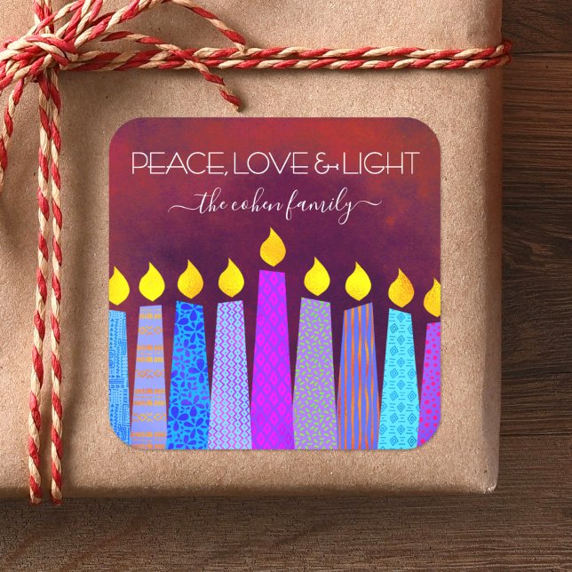 Hanukkah Blue Boho Candles Red Peace Love Light Square Sticker (Creator Uploaded)